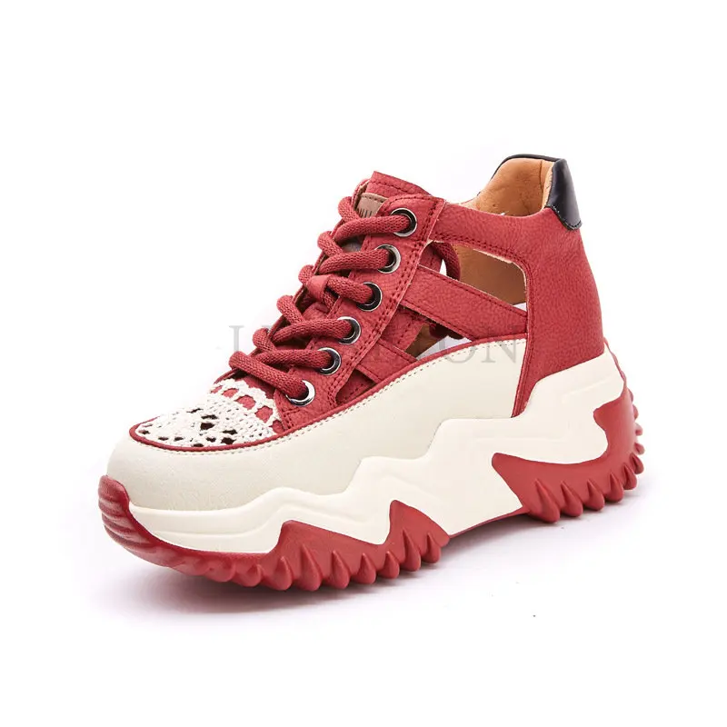 Hollow Genuine Leather Weave Splicing Trend Sneaker Sandali Platform Antiscivolo All'Interno Di Scarpe Da Ginnastica Aumentate Scarpe Da Donna