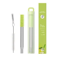 Portable Collapsible Stainless Steel Reusable Straw with Cleaning Brush (Green)