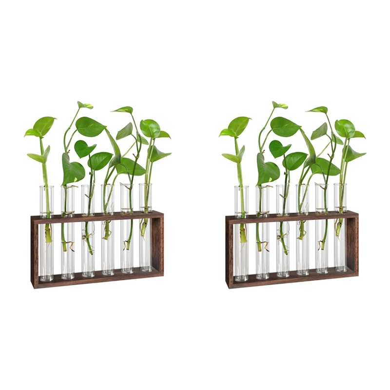 

2X Plant Terrarium With Wooden Stand, Desktop/Wall Hanging Live Plant Propagation Station Planters Glass Tubes
