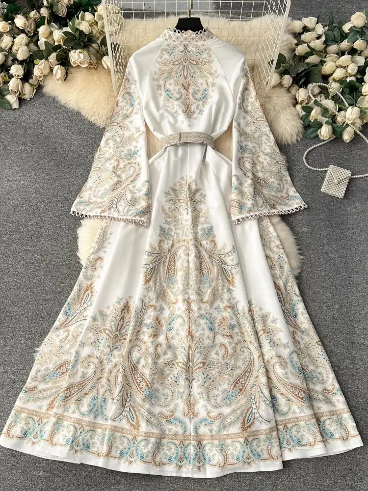 Autumn Fashion Paisley Flower Long Robe Dress Women's Stand