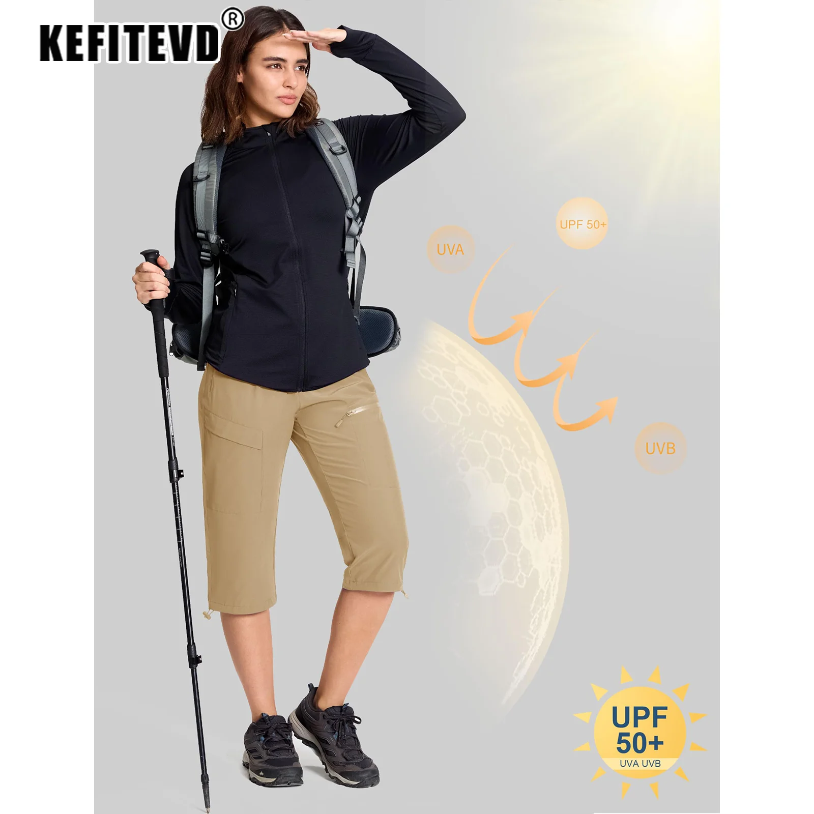 KEFITEVD 여성용 하이킹 카프리 팬츠 UPF 50+ 경량 속건 캐주얼 골프 카고 크롭 방수 바지 5포켓 여름용