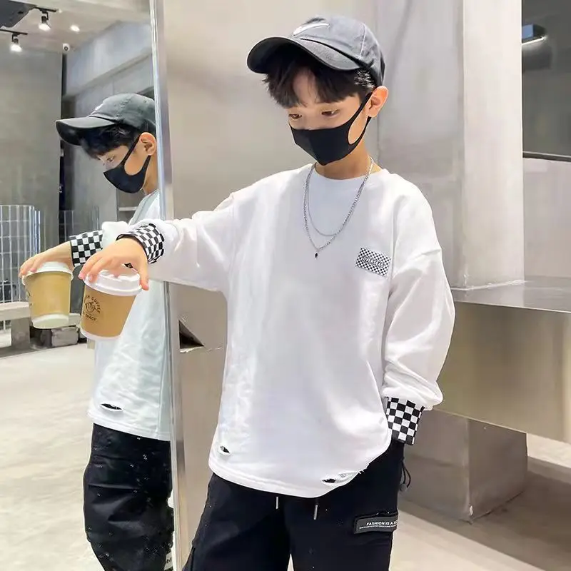 كنزة قطنية ممزقة للأطفال ، مرقعة فضفاضة ، كنزة صوف...