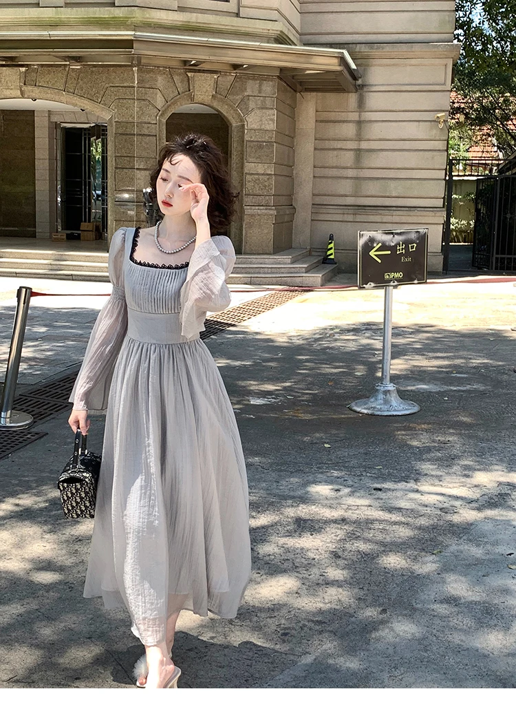 Autumn Princess Midi Dresses for Women Square Collar Flare Sleeve A-line Party Dress Slim Waist Korean One Piece Vestidos New