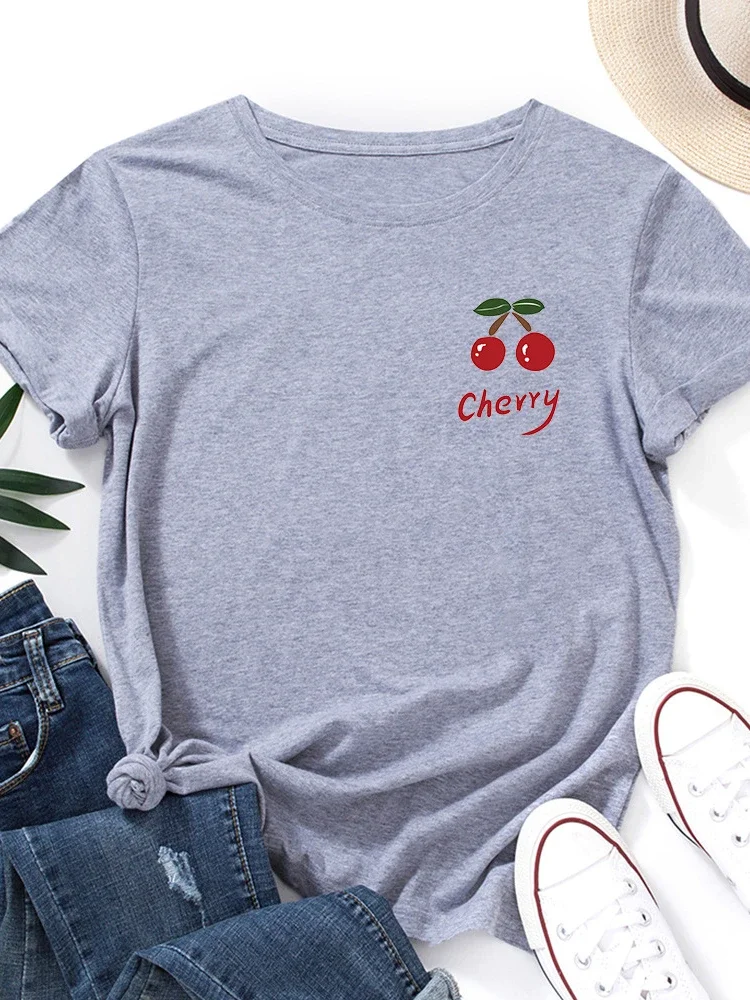 가슴에 레드 체리 프린트 여성 T 셔츠 반팔 O 넥 느슨한 여성 Tshirt Ladies Tee Shirt Tops Camisetas Mujer