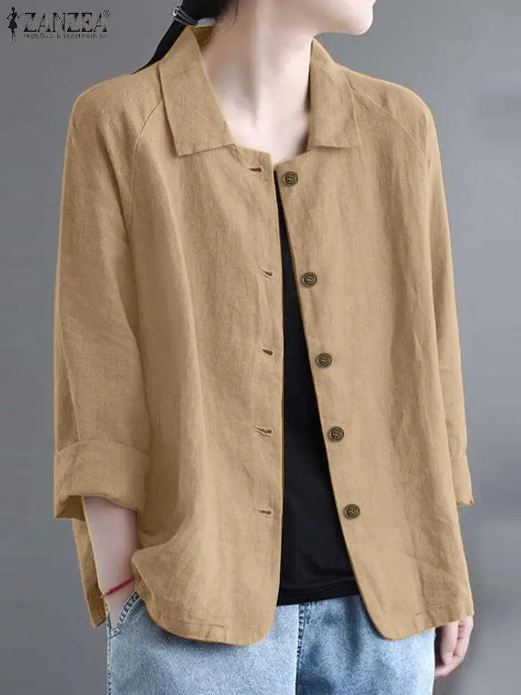 

Кардиган ZANZEA женский с длинным рукавом, винтажная однотонная блузка с воротником с лацканами, Повседневная рубашка на пуговицах, весна-лето