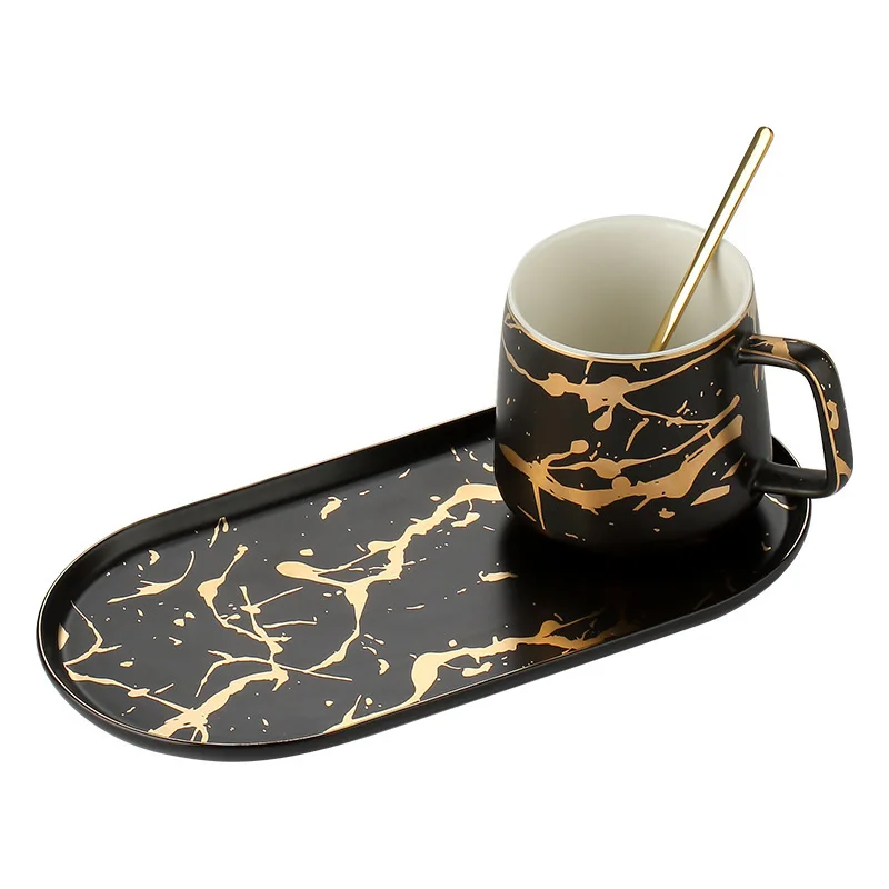 Nordic marbled Ceramic Milk Mug coffee cup and creative saucer set Breakfast Plate Porcelain Marble and Saucer One Person Set