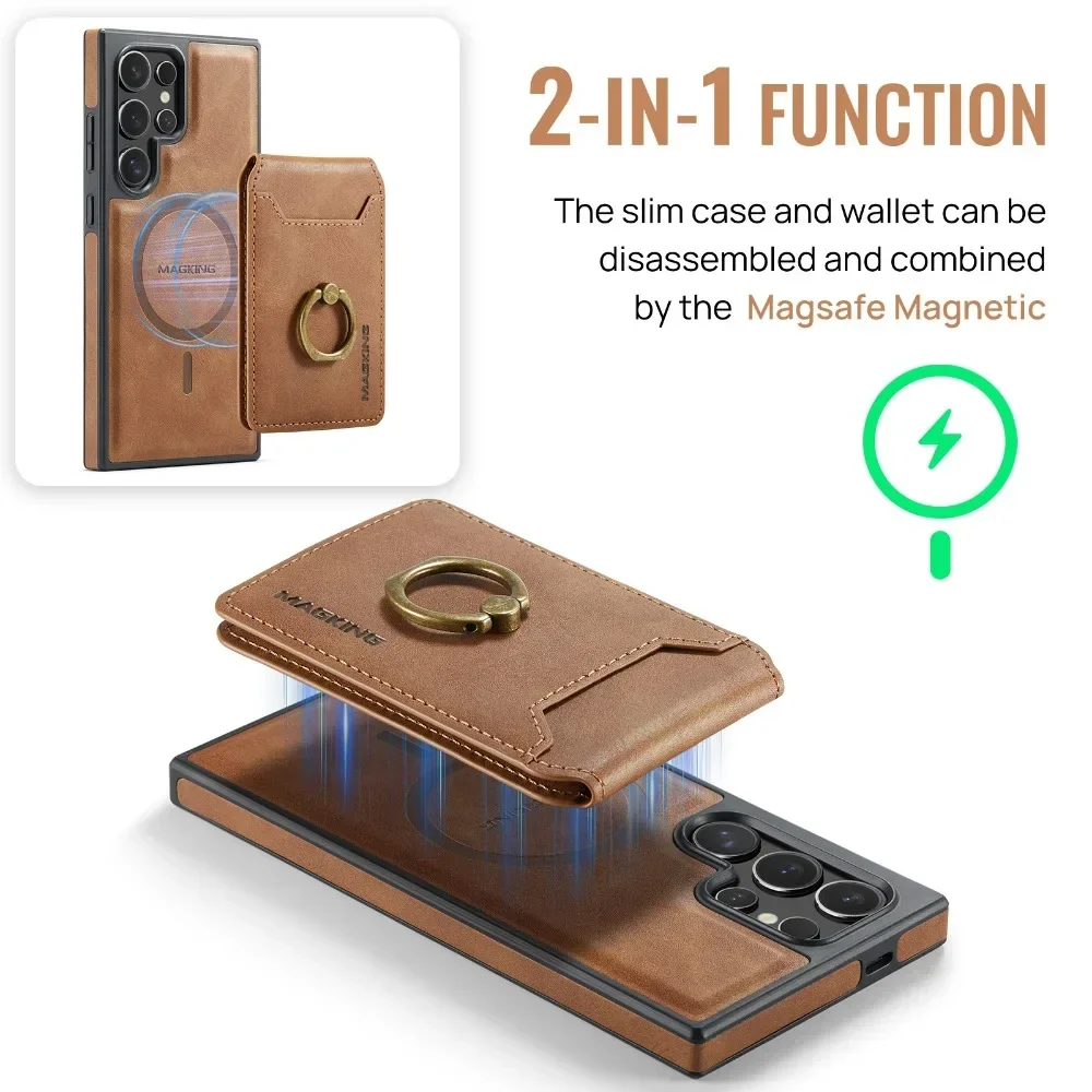Detachable Magnetic Leather Wallet with Card Holder and Ring Cover