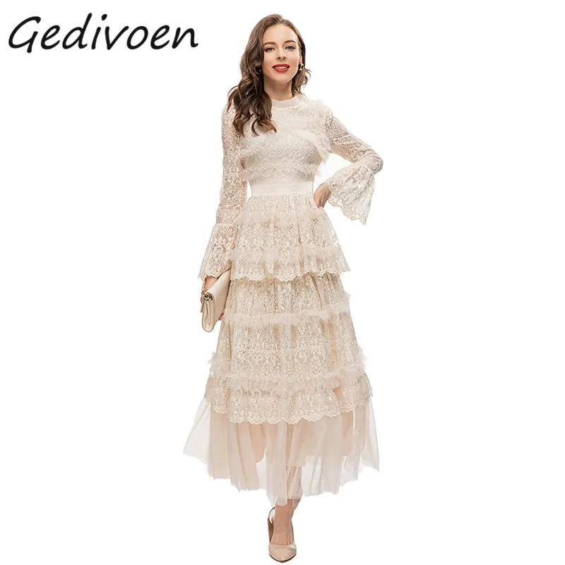 

Gedivoen Summer Fashion Runway Vintage Mesh Cake Dress Women O-Neck Embroidery Ruffles Splicing Party Gathered Waist Long Dress