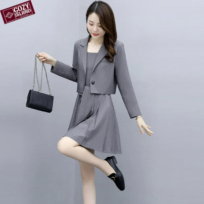 Women Blazers Mini Dresses Suit Spring Slim Fit Short Pleated Dress Two Piece Sets Trendy Grace Fashion Look Thin Commute Suits