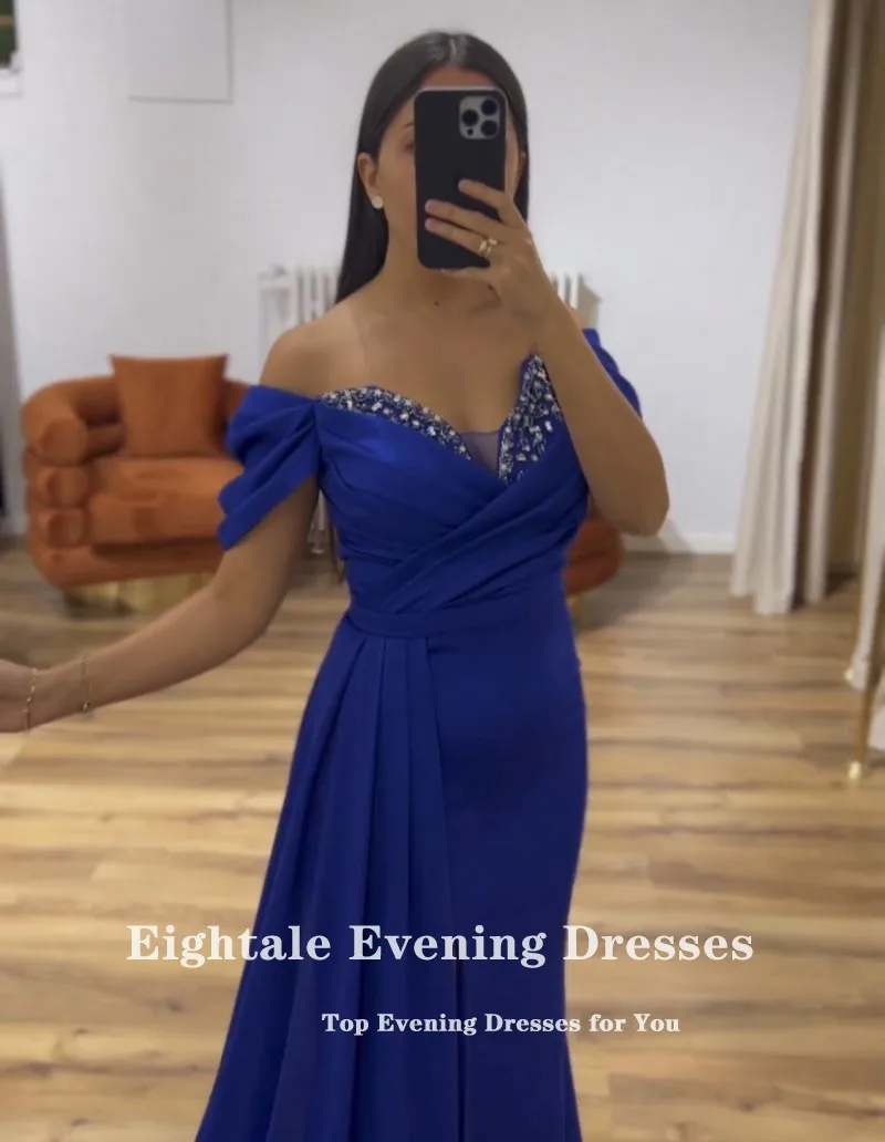 Eightale Royal Blue Evening Dress V-Neck Beaded Off the Shoulder Satin  Customized Side Slit Prom Gown Wedding Party Dress - AliExpress 320
