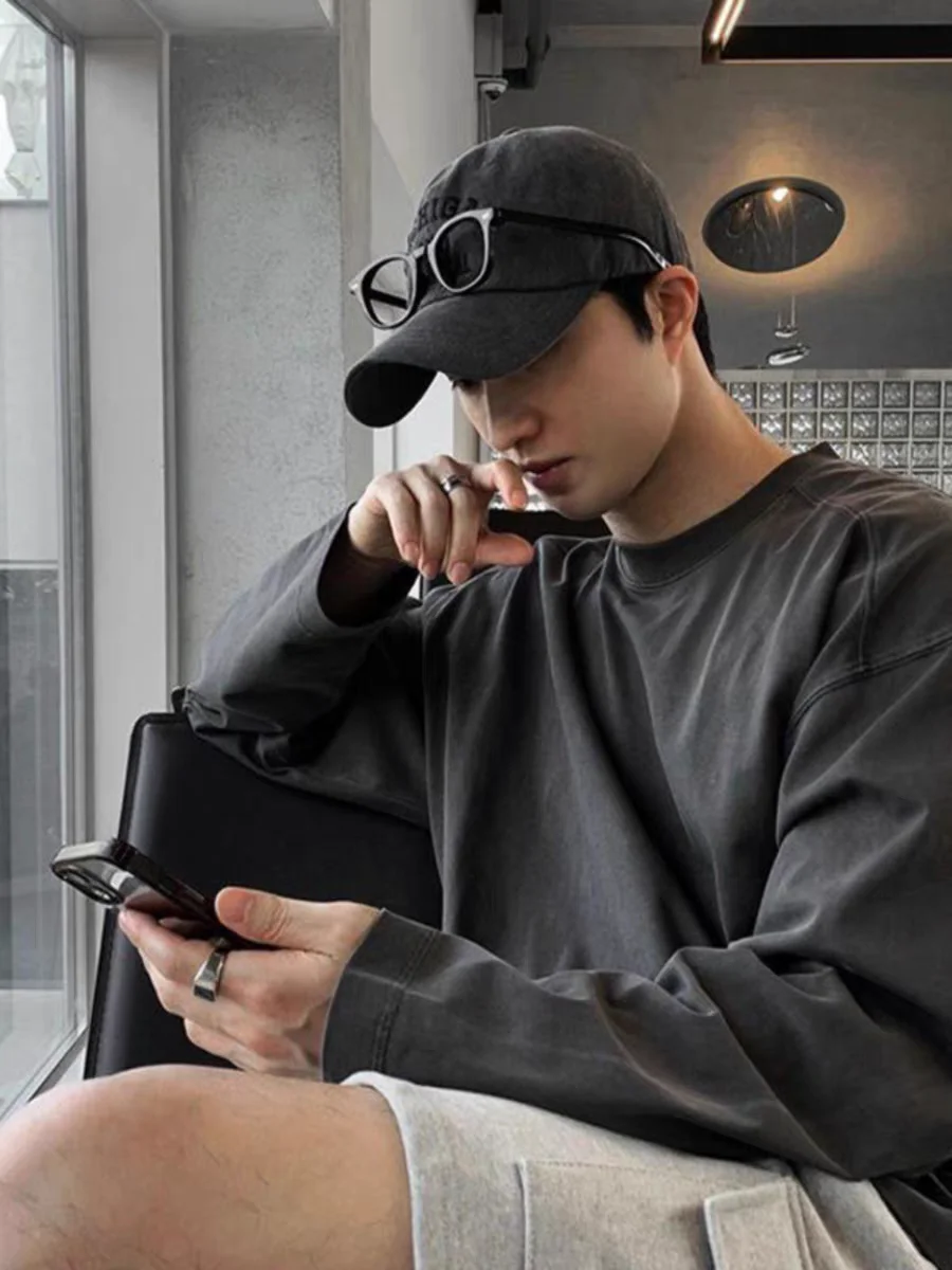 Pure cotton long-sleeved t-shirt dark gray