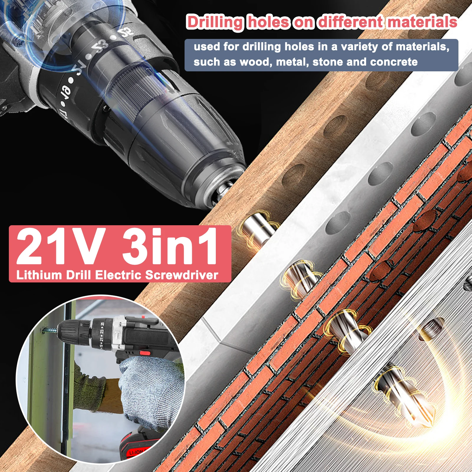 21 V 3-in-1-Bohrschrauber, Akkuschrauber, 25 Gänge, Drehmoment, stufenlose Geschwindigkeitsregelung, Rotationswege, verstellbare Schlagbohrmaschine – Detail 8