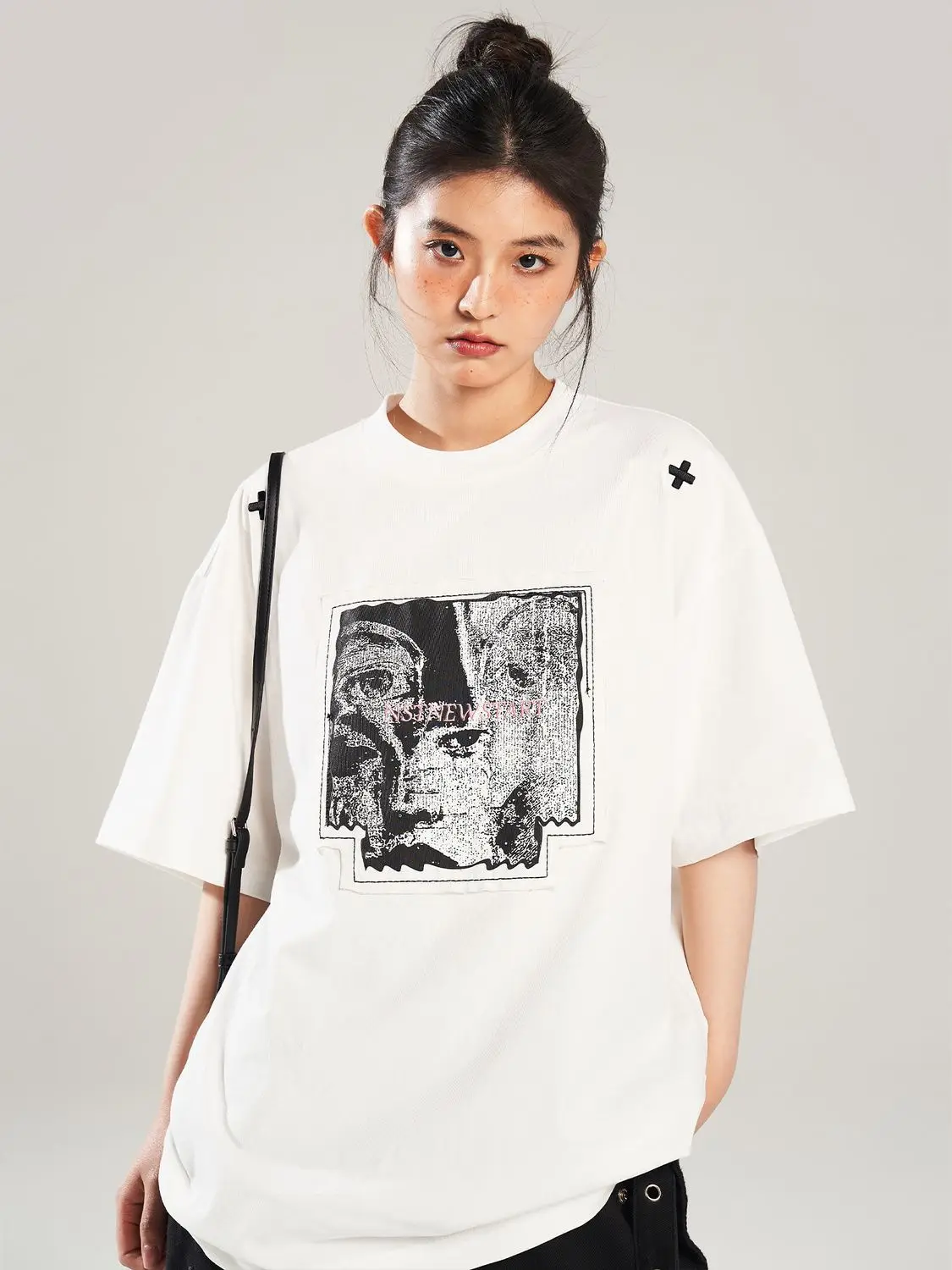

White image T-shaped white patch men's and women's couple tops pure cotton short-sleeved T-shirt retro Harajuku y2k emo ins