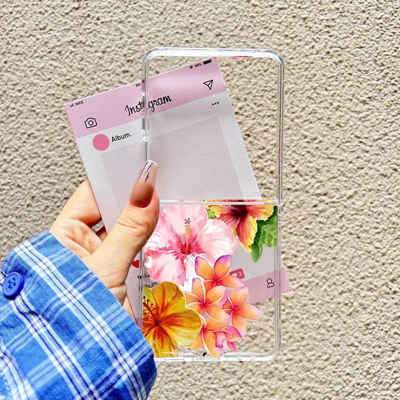 Pink Lily Flower Pattern Clear Hard PC Folding Phone Case