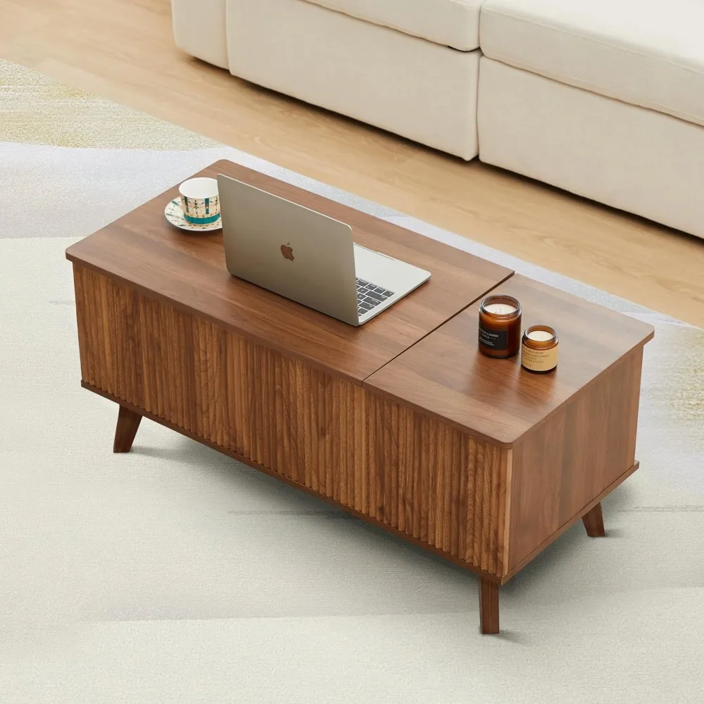 Wooden Fluted Lift Top Coffee Table with Hidden Compartment, Modern Rectangle Center Tables with Adjustable Storage Shelf 3