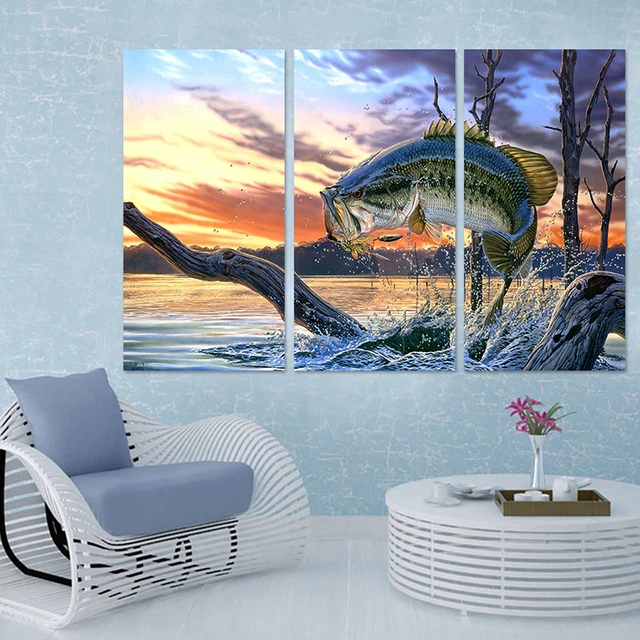Home Decor HD Prints Canvas Wall Art Pictures 3 Pieces Fishing Rod Tuna  Blue Ocean Paintings