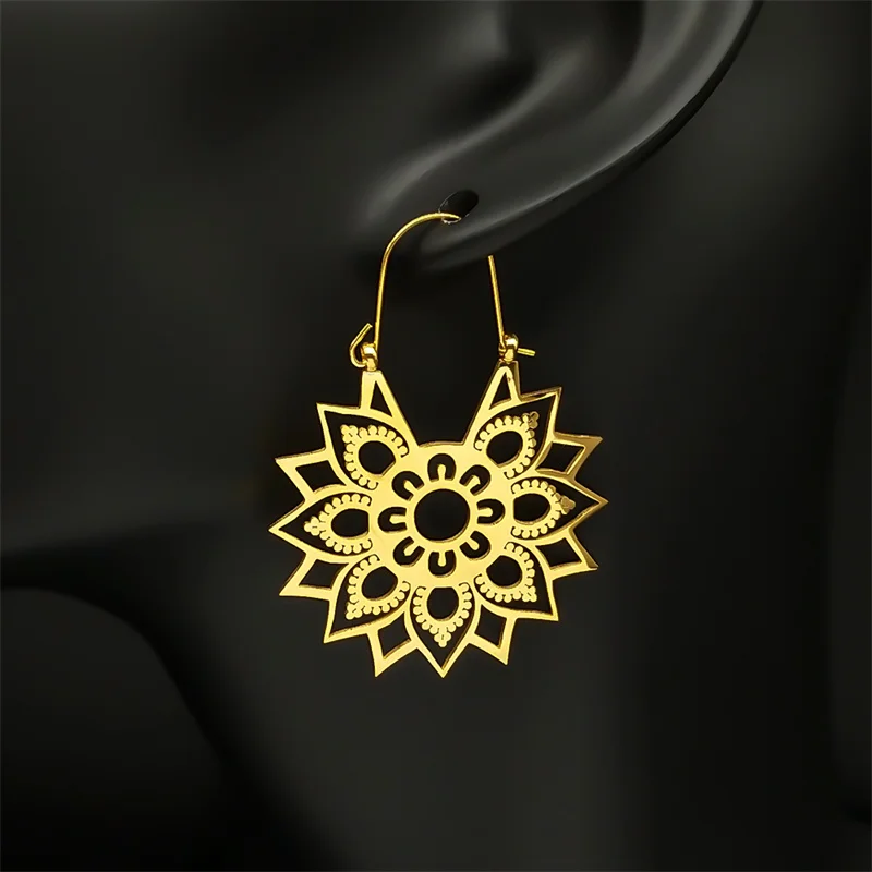 Trendy Yoga Lotus Flower Earrings Stainless Steel Gold Color Hoop Earrings for Women Jewelry boucles d'oreilles E9360S01 - Image 3