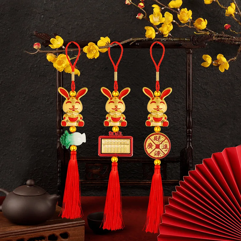 

10PCS Chinese New Year Decorations Rabbit Lucky Charms Red Hanging Tassels Feng Shui Decor Chinese Knot Home Tree Ornament