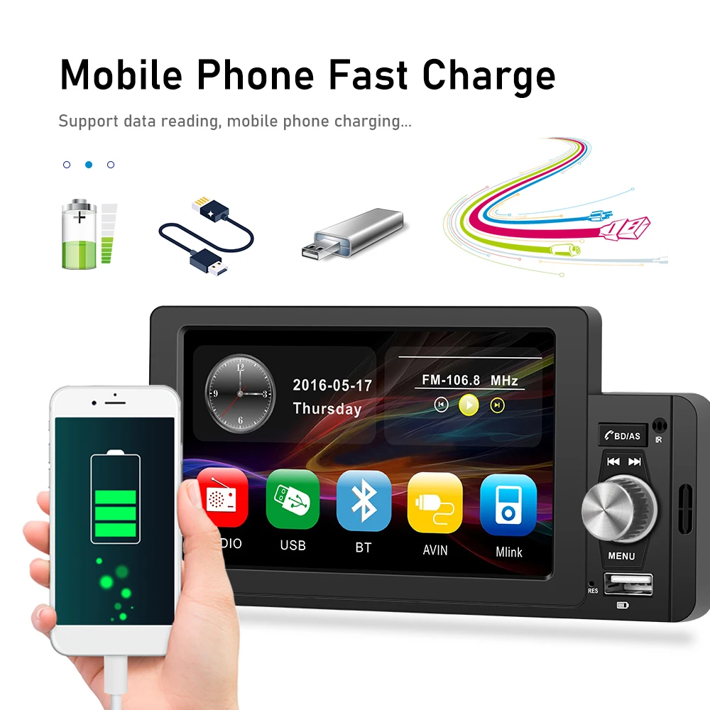 Podofo Car Radio CarPlay&Android-Auto BT Handsfree Mirror Link MP5 Player USB Audio System Head Unit 1 Din 5" Player