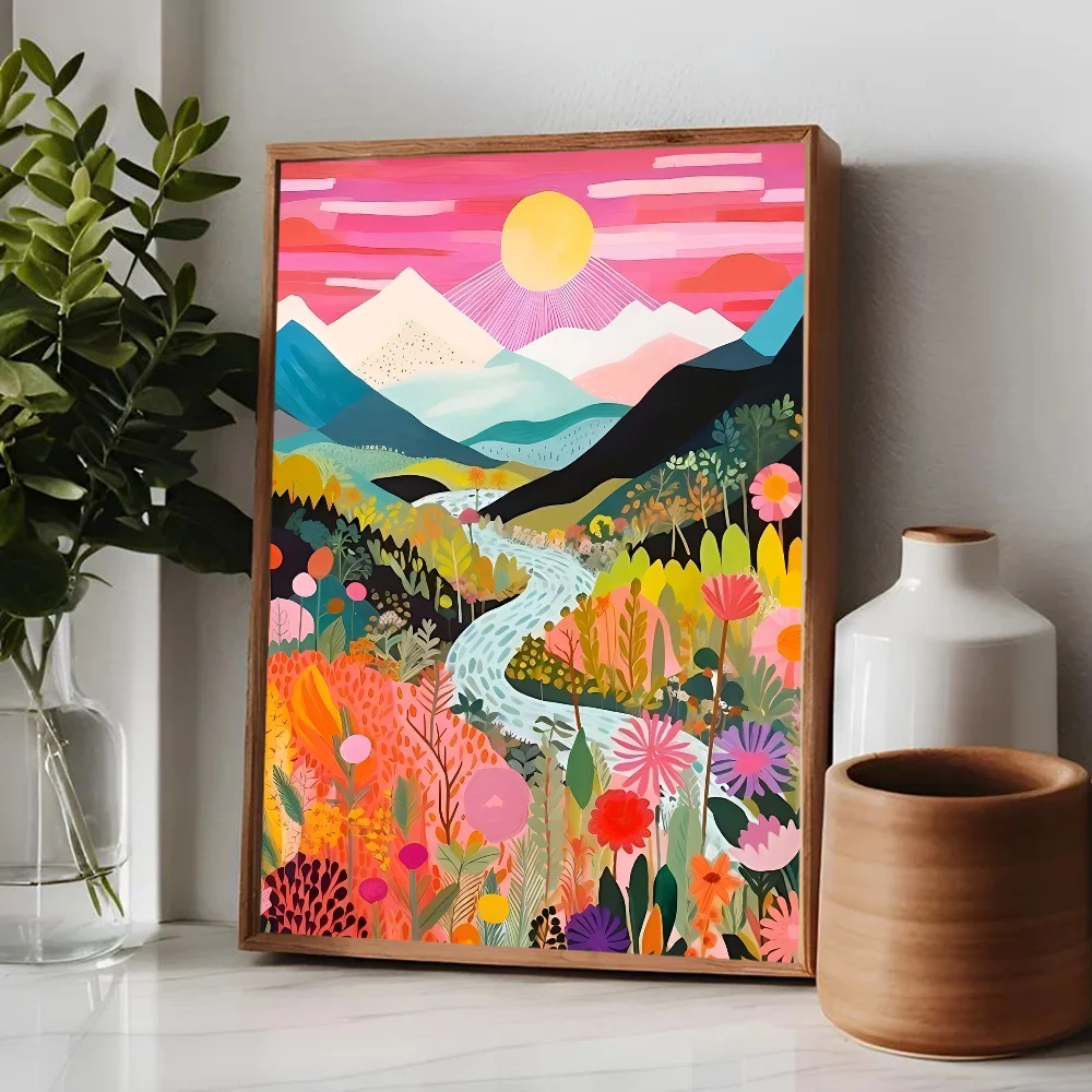 Flowers Mountain Lake Colorful Nature Landscape Travel Poster Posters Sticky HD Quality Wall Art Retro Posters for Home Kawaii 2