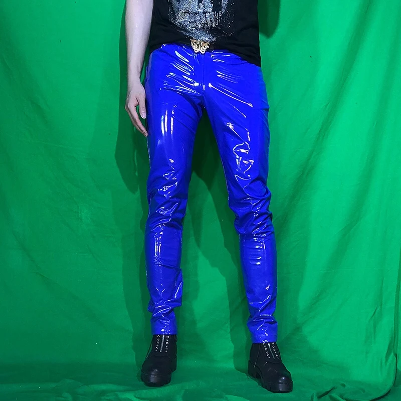 Spring And Summer Mirror Tight Stretch Patent Leather Pants Sexy Nightclub Men's DS Costumes Anti-bright PU Pants Original men trousers,leather pants,skinny pants