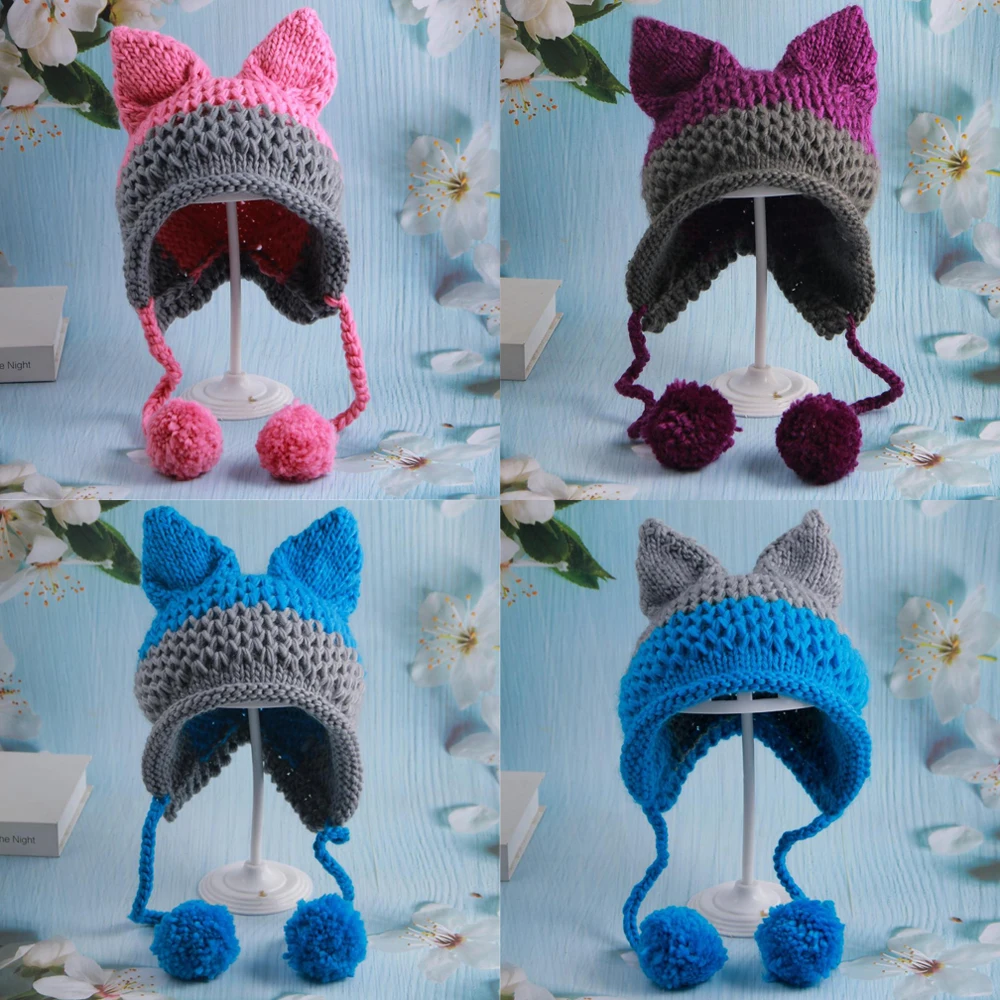 

1Pc Y2K Harajuku Punk Gothic Knitted Cat Ear Little Devil Hat Millennium Women Kawaii Designer Winter Handmade Beanie Female Cap