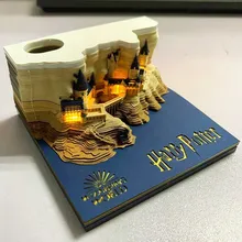 

3D Paper Art Sculpture Memopad Witchcraft Castle with LED Light Desk Carving Building Cliff Note Decoration Bookmark Pen Holder