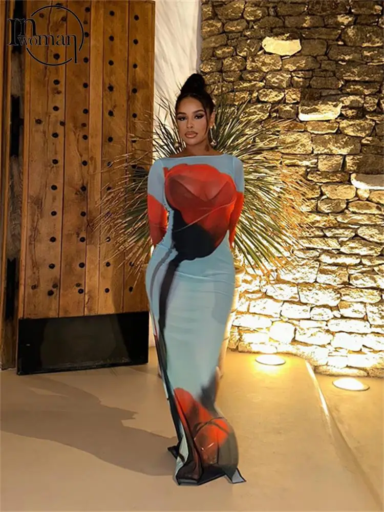 

Inwoman Sexy Long Sleeve Mesh Long Dress Party Club Outfits For Women Autumn See Through Print Maxi Dress Fahion Bodycon Dresses