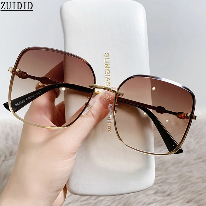 Brown Sunglasses Women Rimless Square Fashion Glasses Vintage Big Sunshades Shades For Zonnebril Dames Oculos De Sol_voghion.com