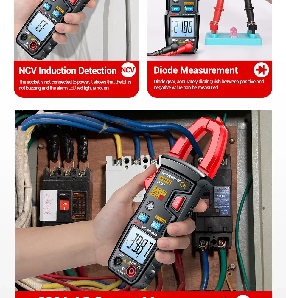 ANENG ST183 Digitales Zangenmessgerät 6000 Anzeigen True RMS Multimeter AC/DC Spannungsprüfer 600A Amperemeter Zange NCV Ohm Kapazität Hz – Detail 15