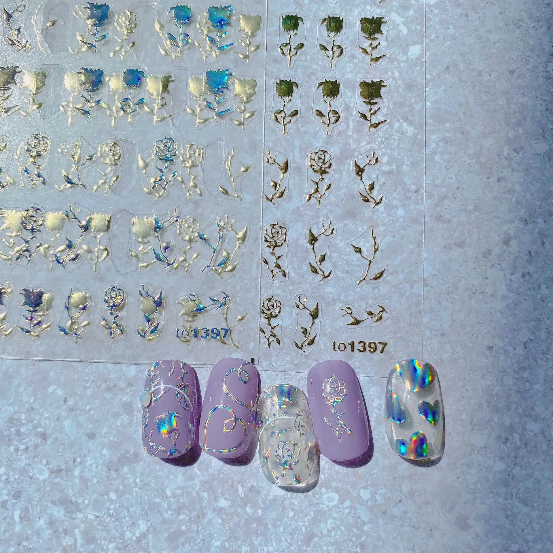 

Bronzing Heart Love Rose Flower Nail Stickers 5D Embossed Transfer Foil Gold Silver Decals Cute Art Decoration Manicure