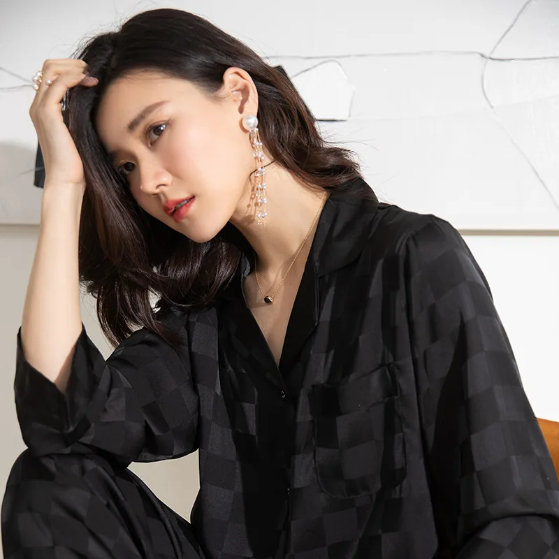 

Black Women 2PCS Shirt&Pants Pajamas Set Satin Spring Long Sleeve Sleepwear Nightwear Silky Intimate Lingerie Casual Homewear