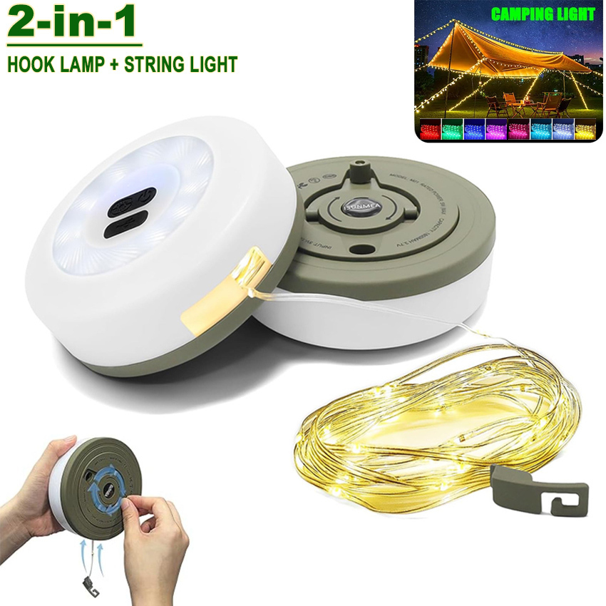  2-in-1 Camping Light LED Reel String Lights Outdoor USB Camping Lamp Recyclable LED Atmosphere Light For Garden Tent Room Decor 