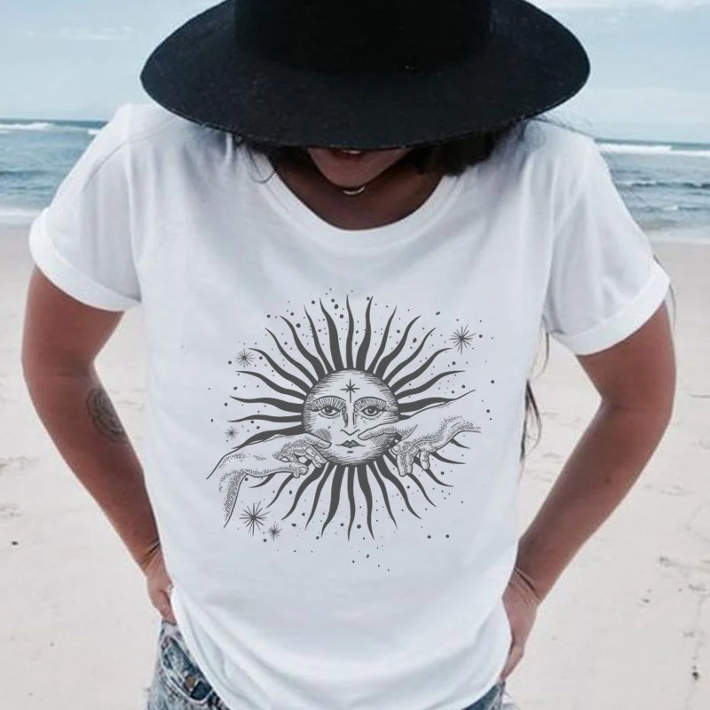 hot selling Boho Style Vintage Sun Hands Print T-Shirts Women Summer Casual Loose Short Sleeve Tees Hipster Cute Aesthetic Astrology_voghion.com
