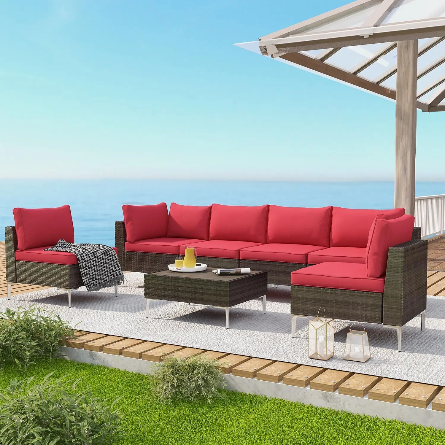 

Outdoor Patio Furniture Set,7 Pieces Outdoor Sectional Sofa PE Rattan Wicker Patio Conversation Set, w/Wood Plastic Composites