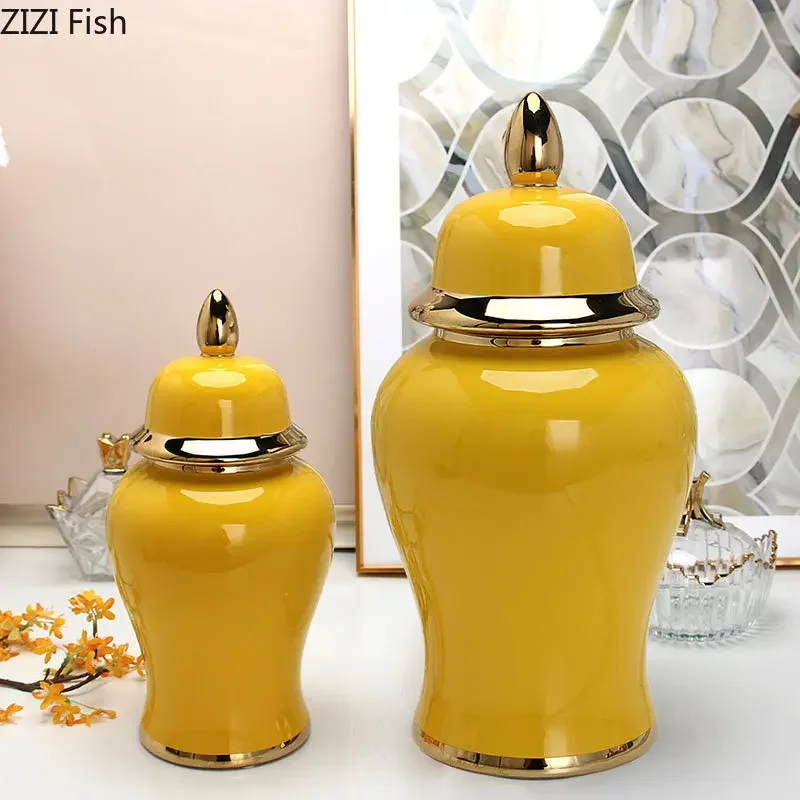 

Minimalist Yellow Ceramic General Jar Gold Plated Ginger Jar Tea Canister Desk Decoration Flower Arrangement Floral Vases