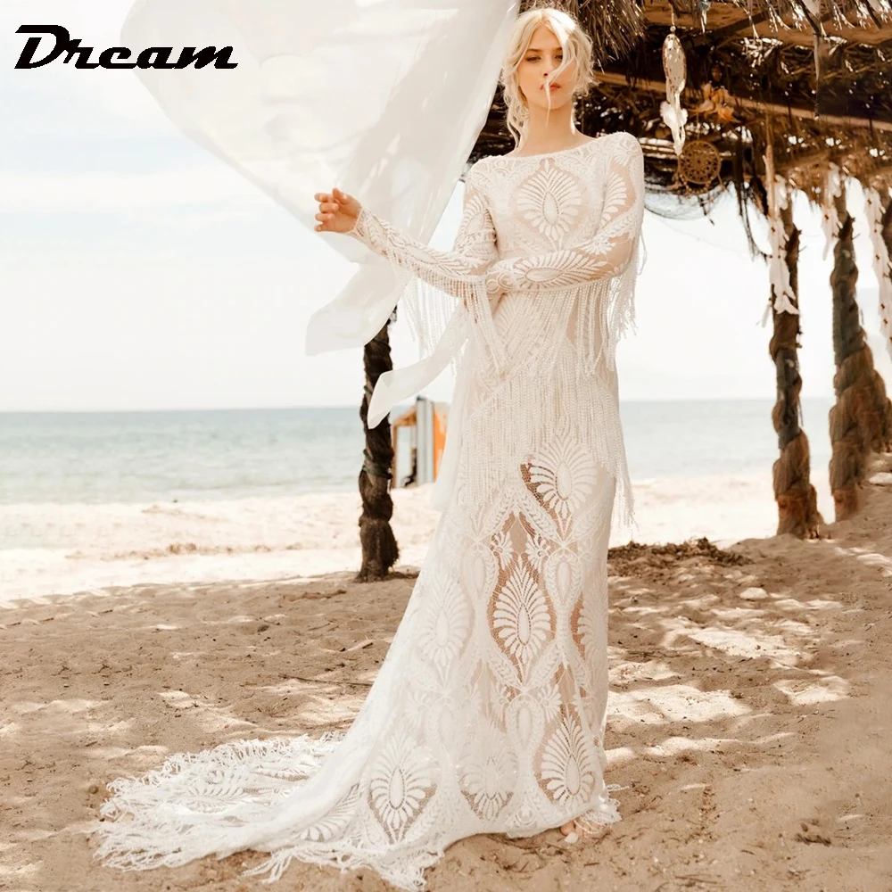 

DREAM Lace Long Sleeves With Tassels Bohemian Wedding Dress Bateau Neck Sweep Train Mermaid Bridal Gowns Custom Made