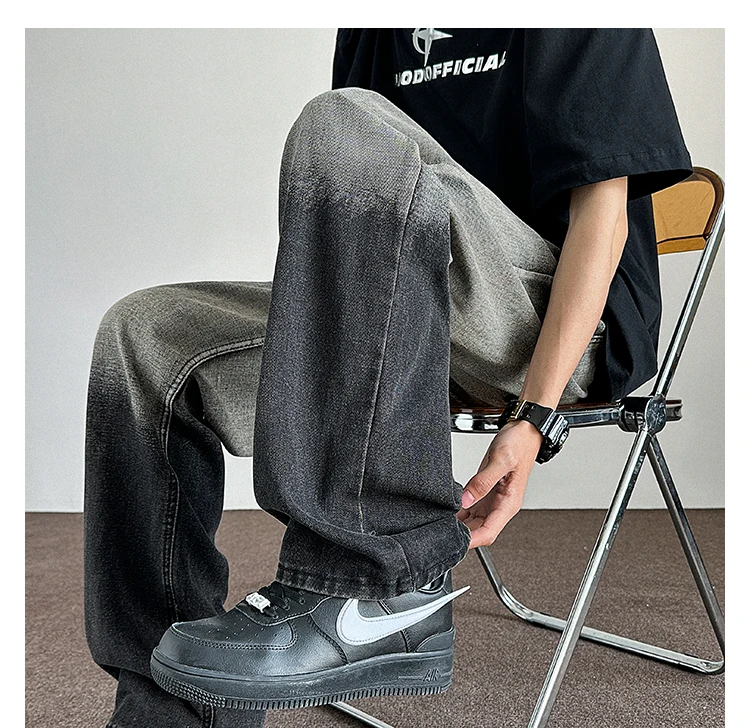 Fashion 2024 Spring New High Street Gradient Jeans High-End Denim Pants Men's Loose Comfortable Straight-Leg Denim Trousers