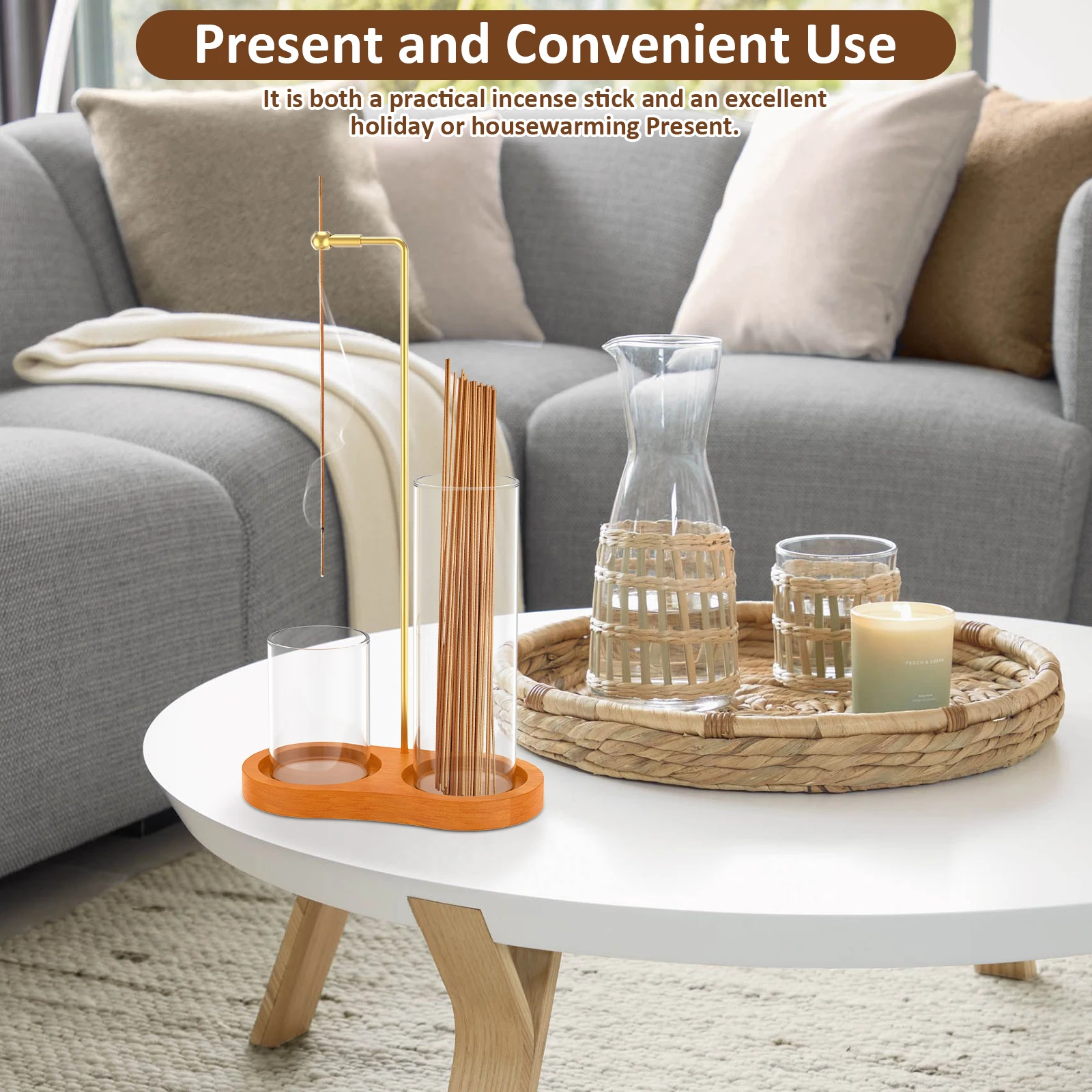 2 in1 Incense Holder Wooden Upside Down Incense Holder Anti-Ash Flying Incense Burne with Glass Ash Catcher and Sticks Organizer