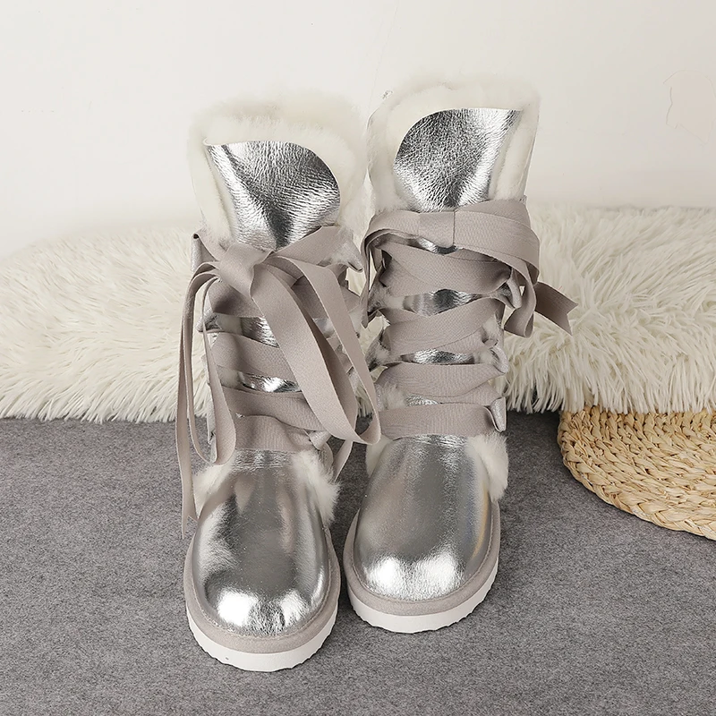 

2023 Beautiful New Lace Up Shoes Women Genuine Sheepskin Real Fur 100% Wool Women Winter Snow BootsBrand Boots Free Shipping