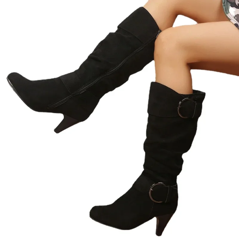 Women Boots Winter Fashion Side Zip Mid-Calf Spike Heels Casual Med Heel Buckle platform boots,women boots