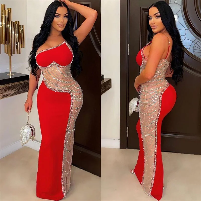 

Sexy Crystal Rhinestones Long Maxi Dress Women Elegant One Shoulder See-through Mesh Patchwork Nightclub Party Birthday Dress