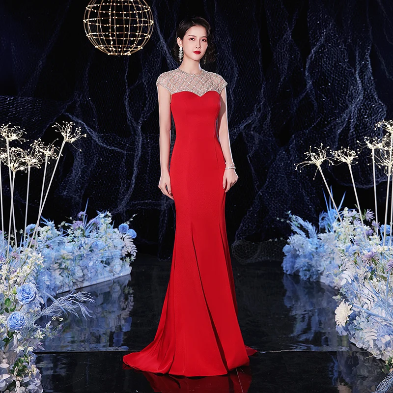 Fashion New Style 2022 Jewel Collar Delicate Beaded Mermaid Red Keyhole Back Formal Long Evening Dress for Party evening wear Evening Dresses