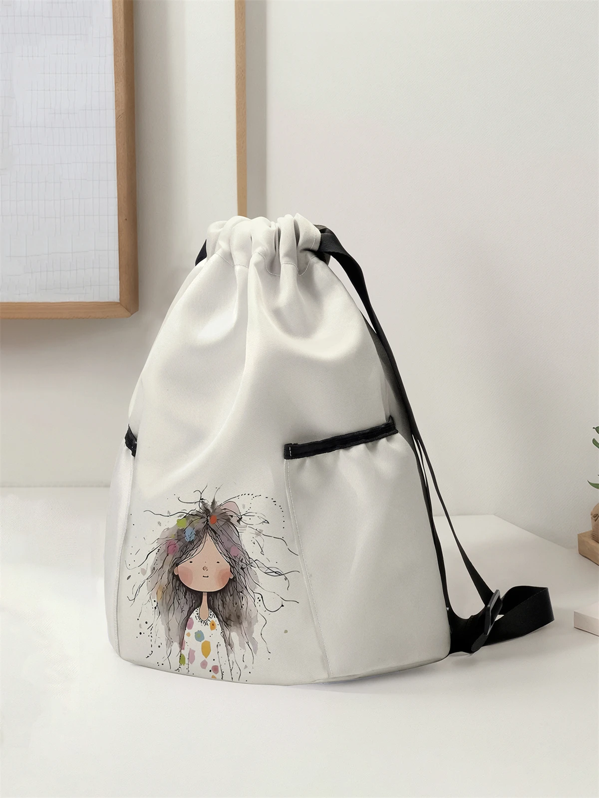 Girl Pattern Drawstring Backpack - Large Capacity Durable Fitness Bag, Adjustable Shoulder Straps, Sports Beach Backpack