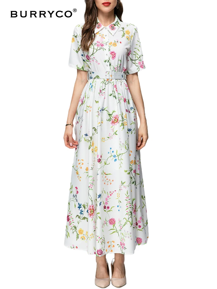 

BURRYCO 2023 Summer Original Design Fashion Belt A-line Dress Mid length Polo Neck Short Sleeve Dress