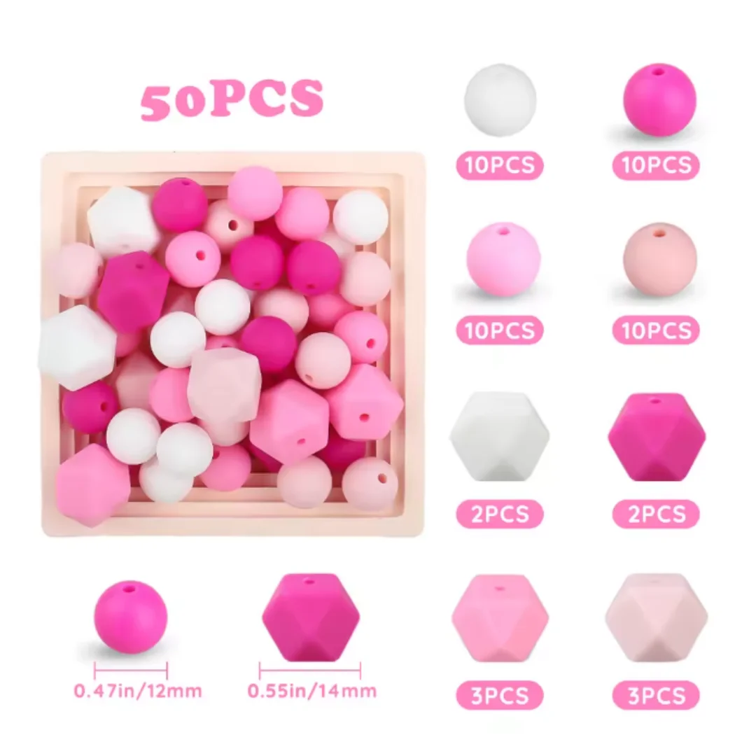 50Pcs Mixed Color Silicone Beads Set, Hexagon Round Shaped, for