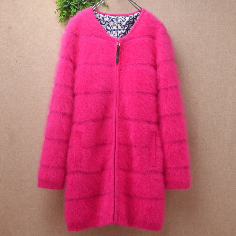 

Female Women Clothes Pull Rose Hairy Mink Cashmere Knitted Zipper Slim Cardigans Angora Rabbit Fur Jacket Sweater Coat Pull Tops