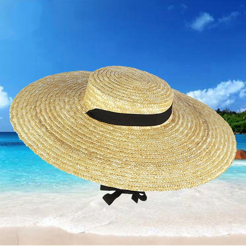 Wide Brim Straw Hat For Women Long Ribbon Ladies Beach Hat Summer Sun Visor Cap Flat Top Large Brim Tie Straw Straw Hat 4