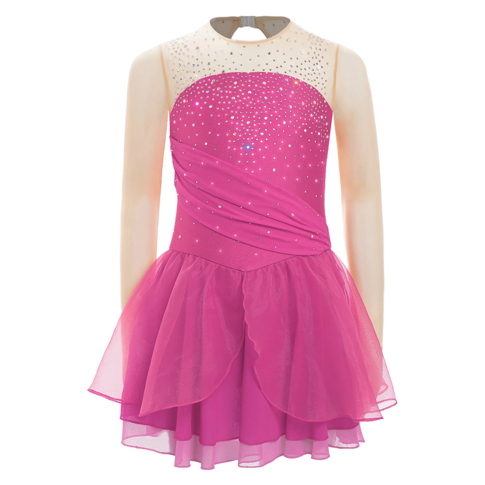 Kinder Mädchen Eiskunstlauf Performance Kostüm Glänzende Strasssteine Lyrisches Tanzkleid Sheer Mesh Long Sleeves Cutout Back Kleider – Detail 20