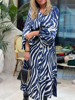 Plus Size Women's Striped Long Sleeve Shirt Dress Fashion Lantern Sleeve Dress Elegant Button Decoration Casual Long Dress 1